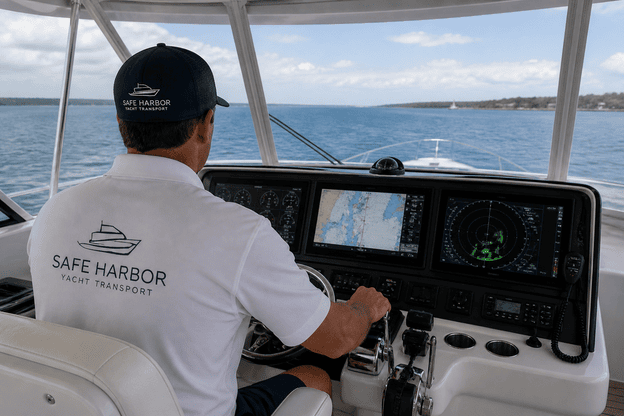 Licensed yacht captain navigating vessel during professional transport delivery